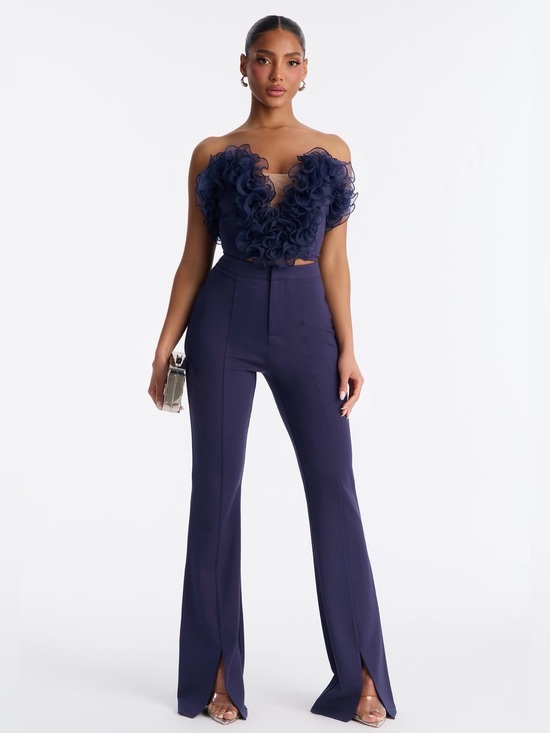 Fashion Nova Pants - Fashion Nova Navy Boot-Cut High-Rise Split-Hem Pants